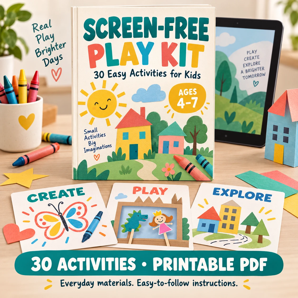 Screen-Free Play Kit digital guide and printable activity cards for ages 4–7